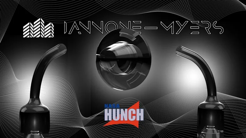 Iannone‑Myers otoscope adapter rendering with the Iannone‑Myers and NASA HUNCH logos