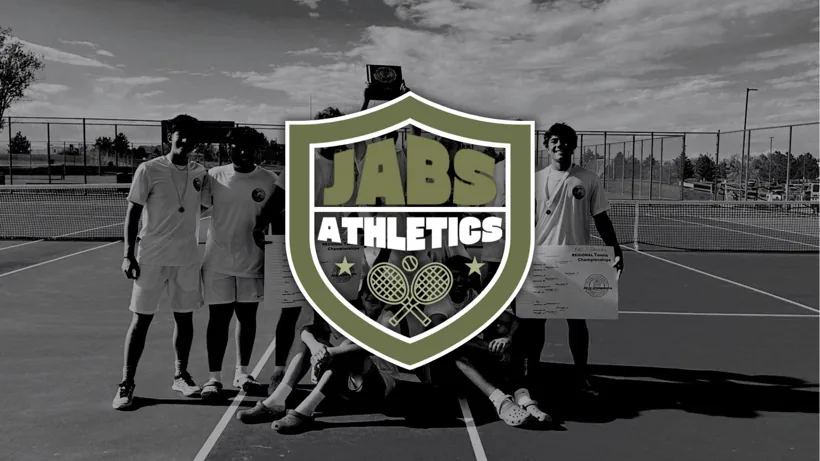 JABS Athletics shield logo over a photo of the team on the tennis courts