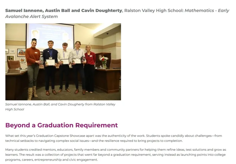 Jeffco Public Schools capstone feature on Samuel Iannone, Austin Ball and Cavin Dougherty's Early Avalanche Alert System
