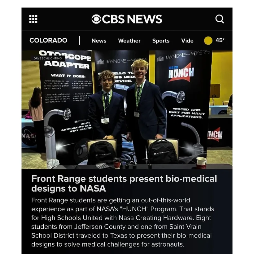 CBS News Colorado story on Front Range students presenting bio-medical designs to NASA