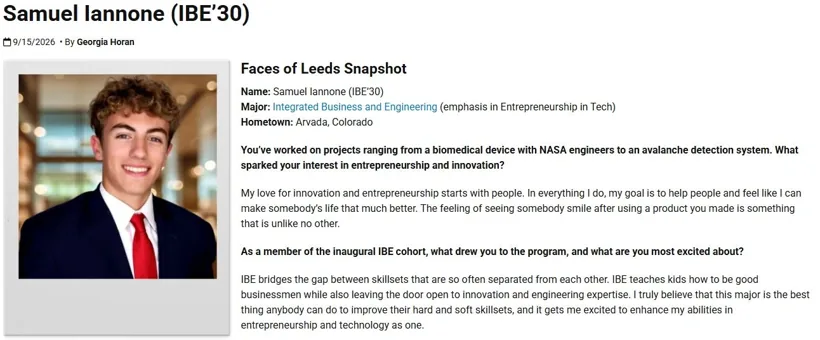 Faces of Leeds Snapshot feature on Samuel Iannone, IBE'30