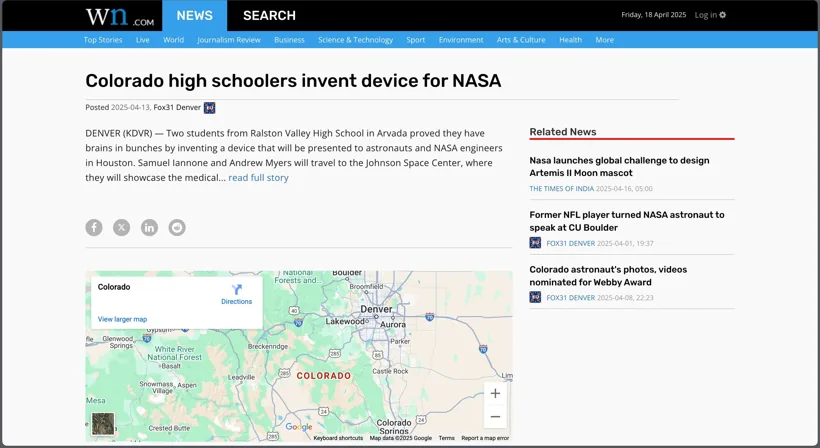 World News story: Colorado high schoolers invent device for NASA