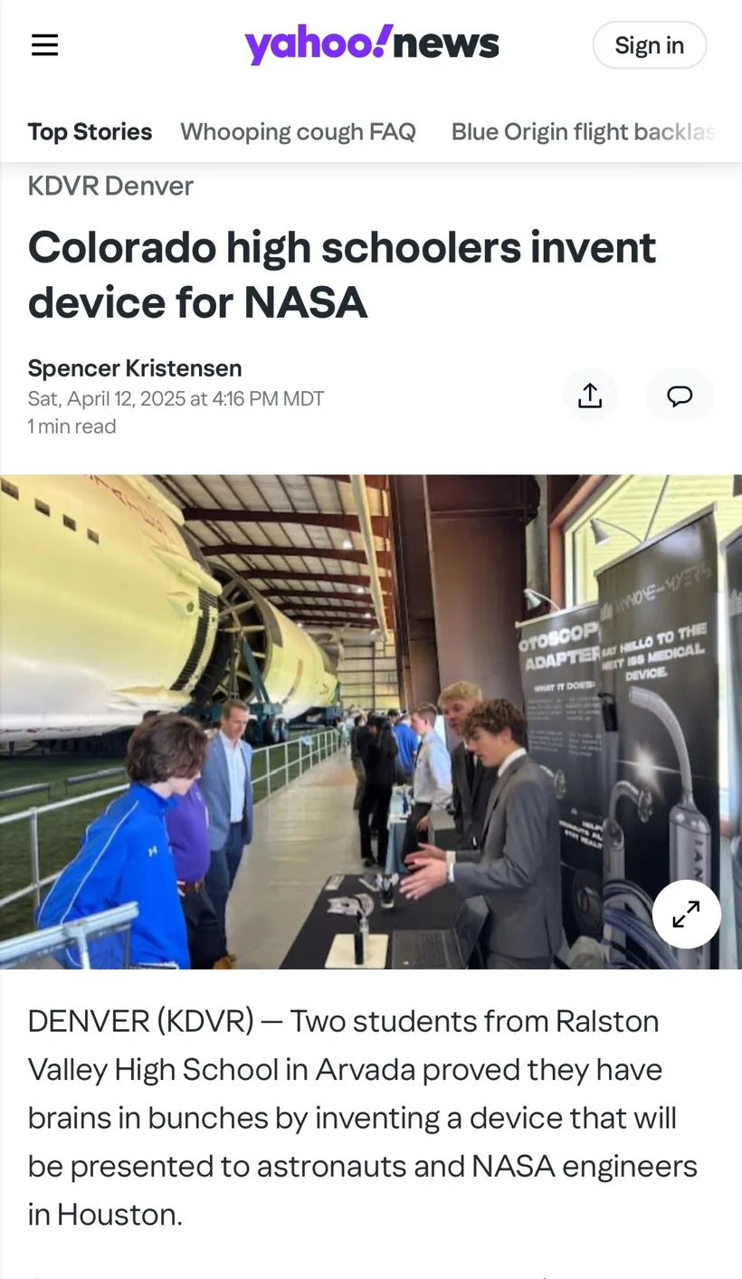 Yahoo News story: Colorado high schoolers invent device for NASA